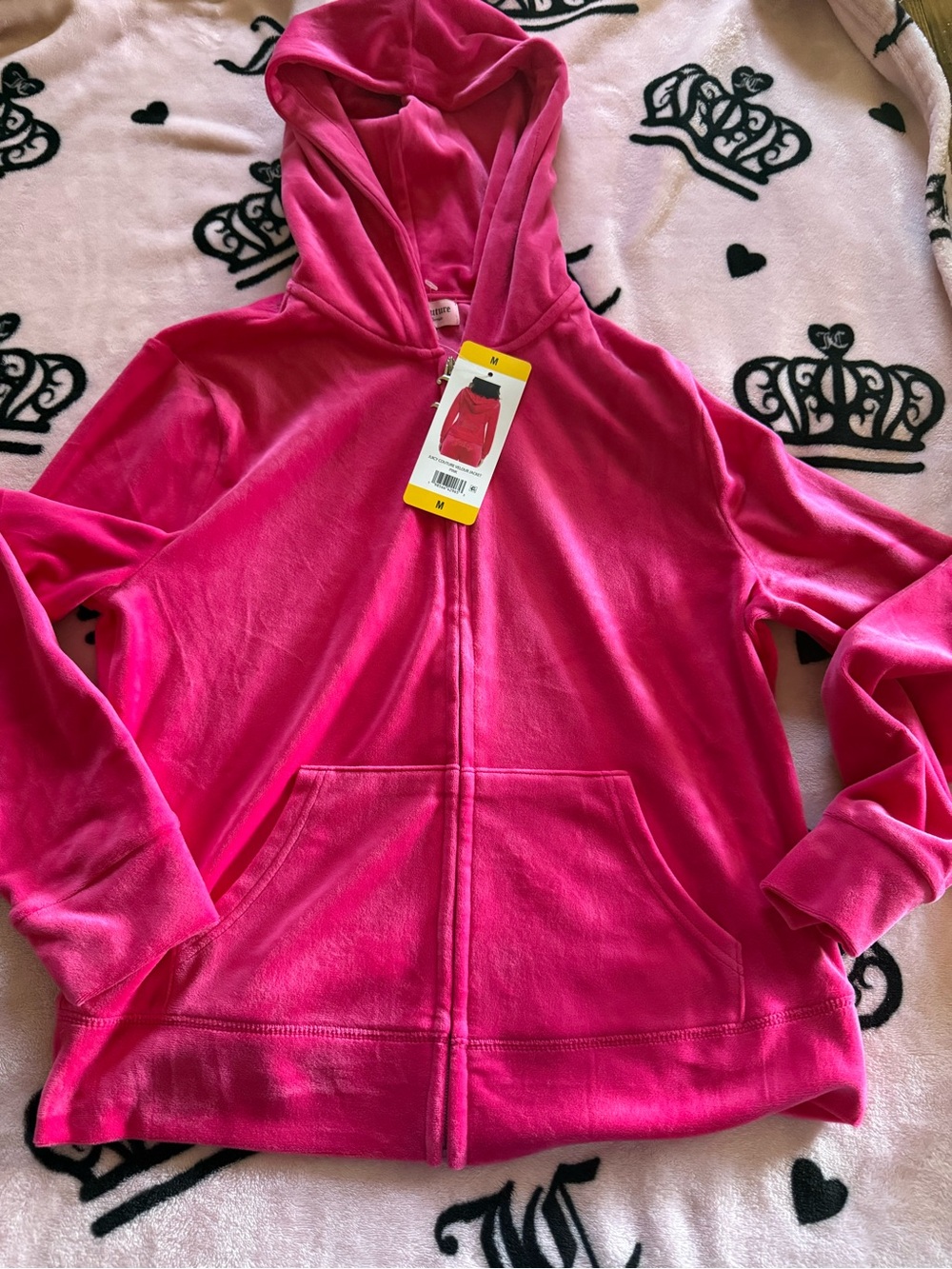 Juicy Couture Velour Full Zip Hooded Hoodie Rhinestone Logo M PINK SOFT 💓